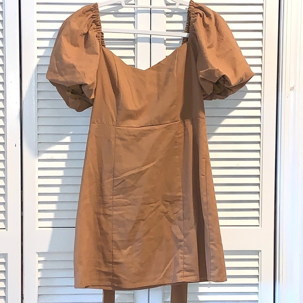 Grettie Bow Back brown Mini Dress puff sleeves - Picture 2 of 7